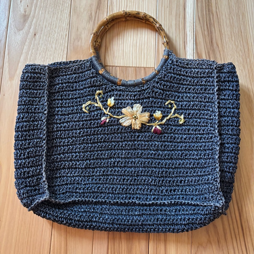 Vintage 90’s Blue Raffia Floral Accent Bamboo Style Handle Bag